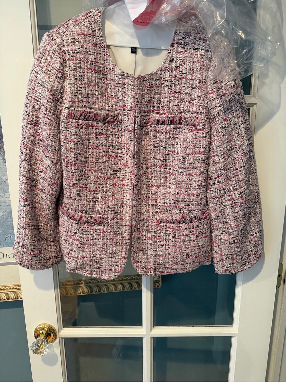 White House Black Market Pink Tweed Collarless Blazer